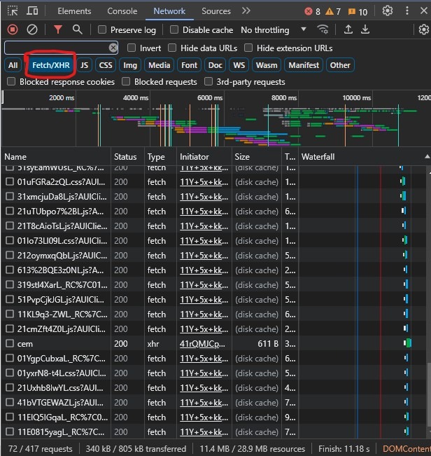 fetch Xhr requests in devtools